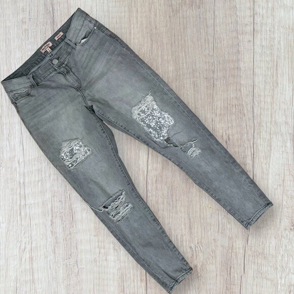JUICY COUTURE Gray Flaunt It Distressed Sequin Mid Rise Skinny Denim Jeans 10 - Picture 1 of 6